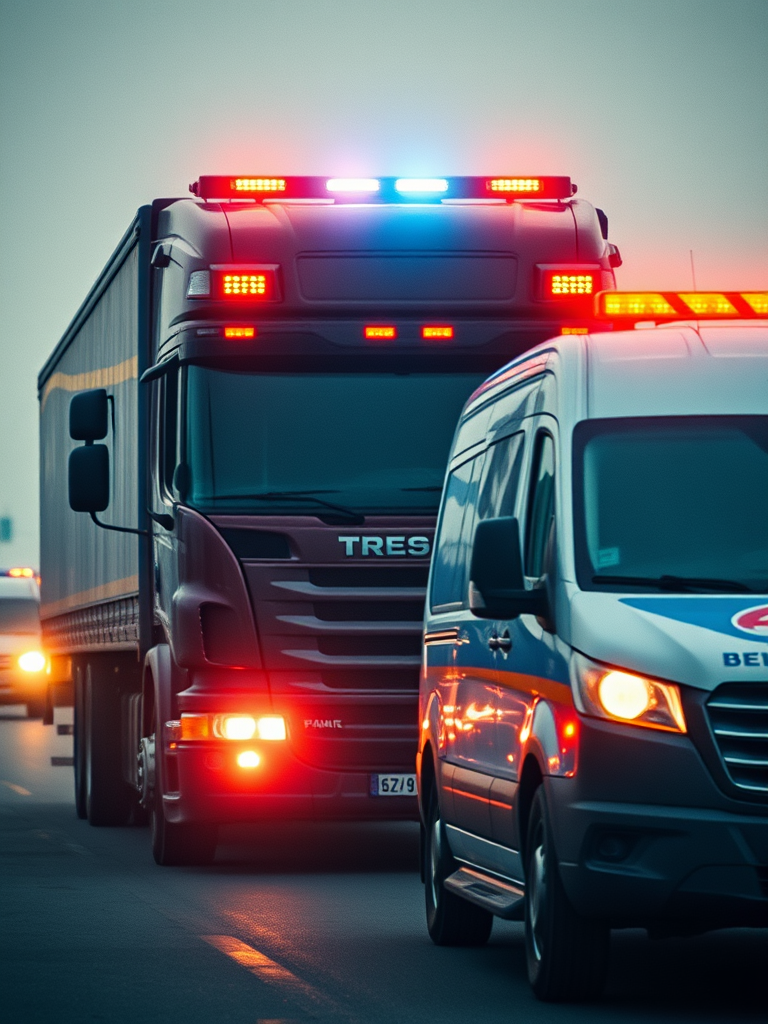 large truck and van with emergency lights on